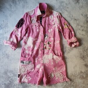 Hot Pink Minors Romper Jumpsuit Upcycled Vintave Lace Dog Patchwork